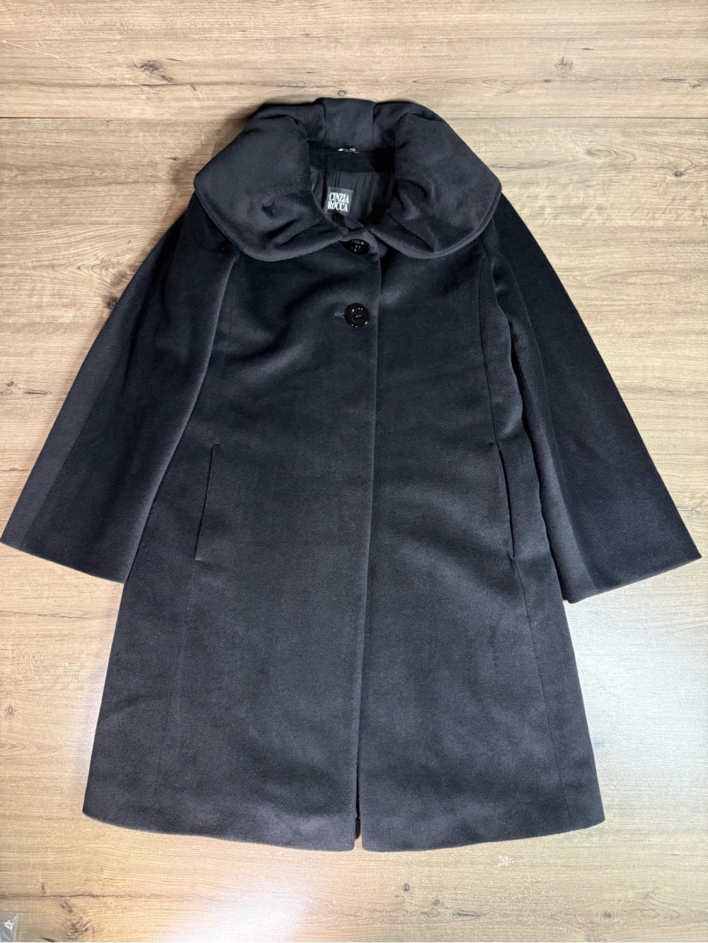 Cinzia Rocca Italy Wool Angora Coat Womens 6 Black Long Oversized Collar Luxury